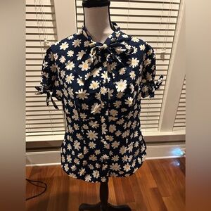 Floral Navy Daisy Blouse with Bow Detail
